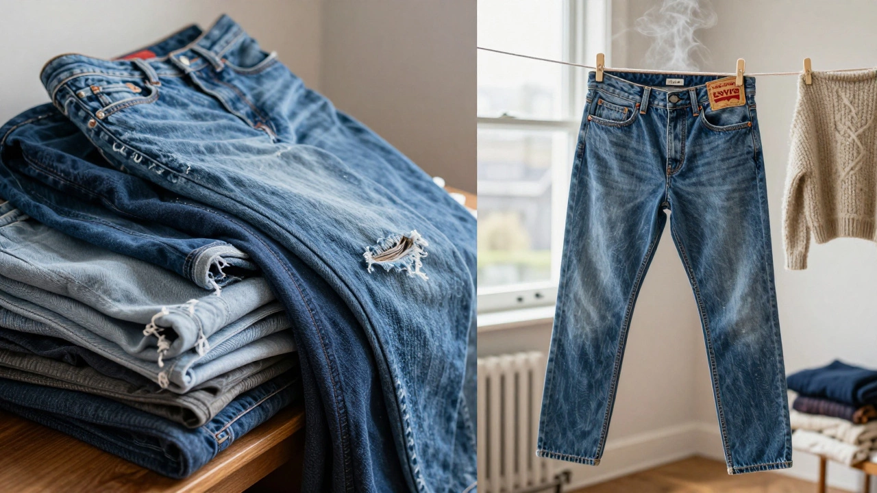 Frayed fast-fashion jeans beside a single Levi’s pair drying indoors in Galway, steam rising from winter layers.