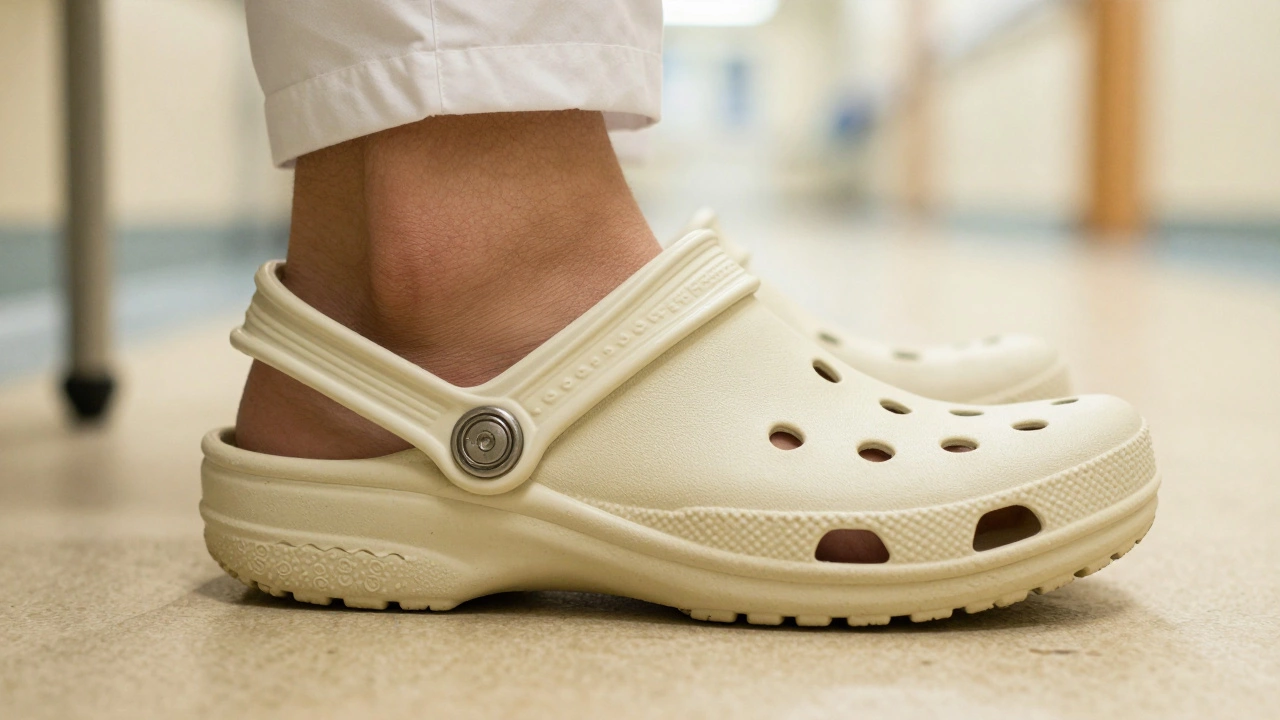 Hand fastening heel strap on a Croc shoe
