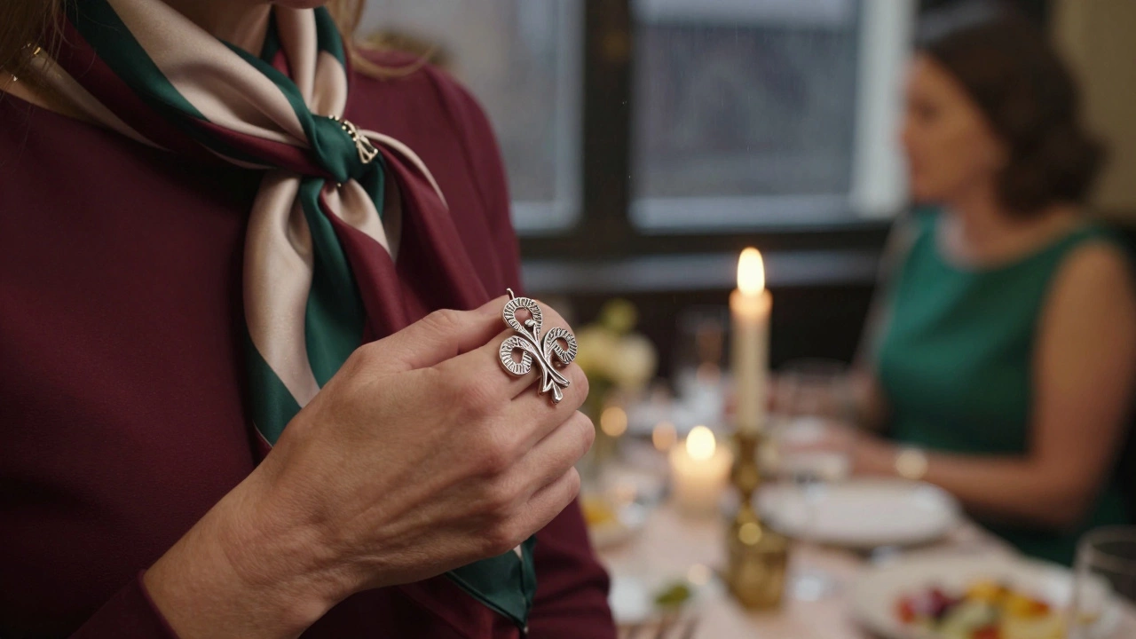 Hand holding silk scarf and silver brooch with candlelit dining room blurred in background.