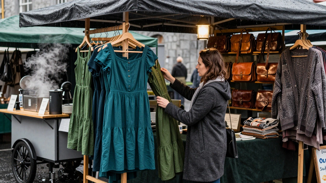 Handmade teal dresses displayed at a rainy Irish market with wool cardigans and leather bags nearby.