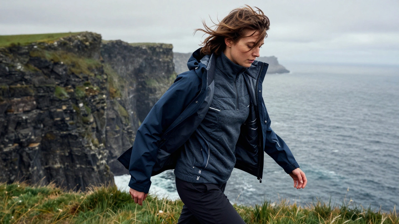 Layered outdoor gear in use on the Cliffs of Moher, including a waterproof jacket with reflective stitching and misty ocean backdrop.