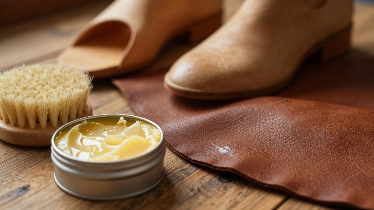 Leather care tools and polish on rustic table