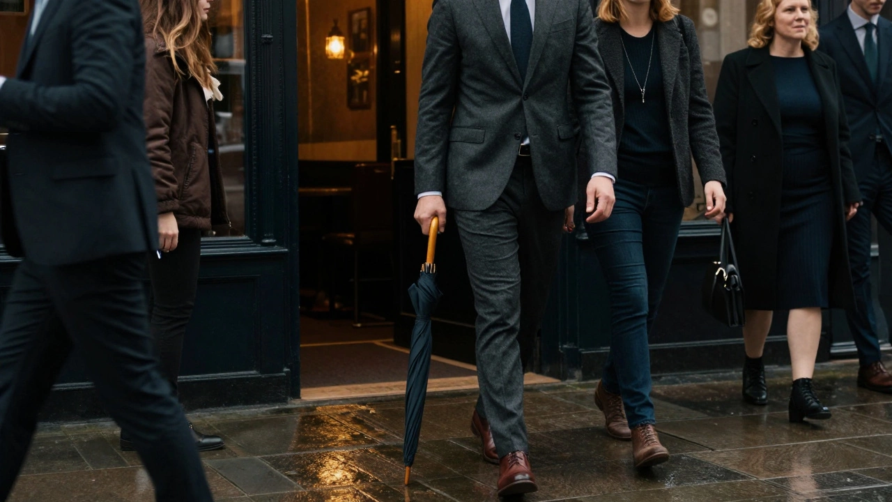 Man in charcoal suit without tie walking beside partner past a Dublin restaurant at night.