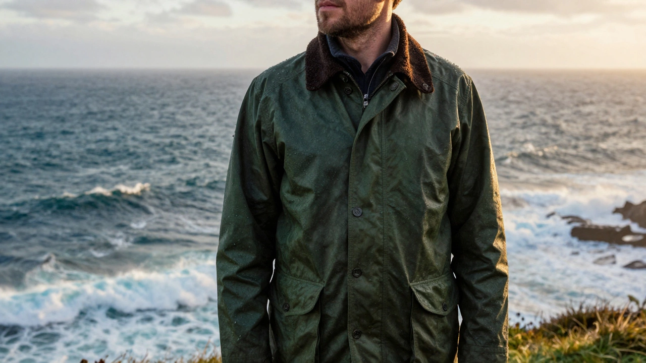 Man in green waxed jacket standing on windy ocean cliffs.