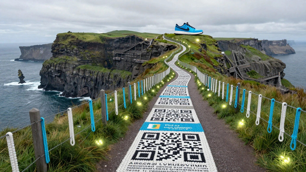 Path of recycled materials leading to Nike shoes at Cliffs of Moher, QR codes glowing, symbolizing sustainability.