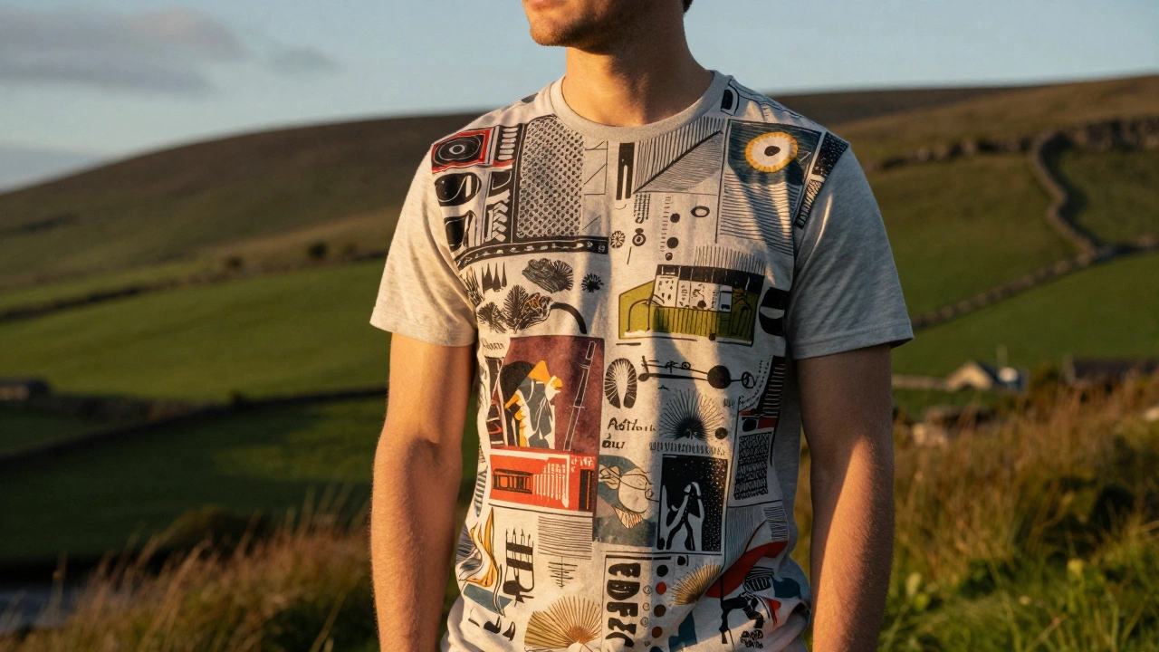 Person wearing graphic T-shirt in front of Irish green hills.