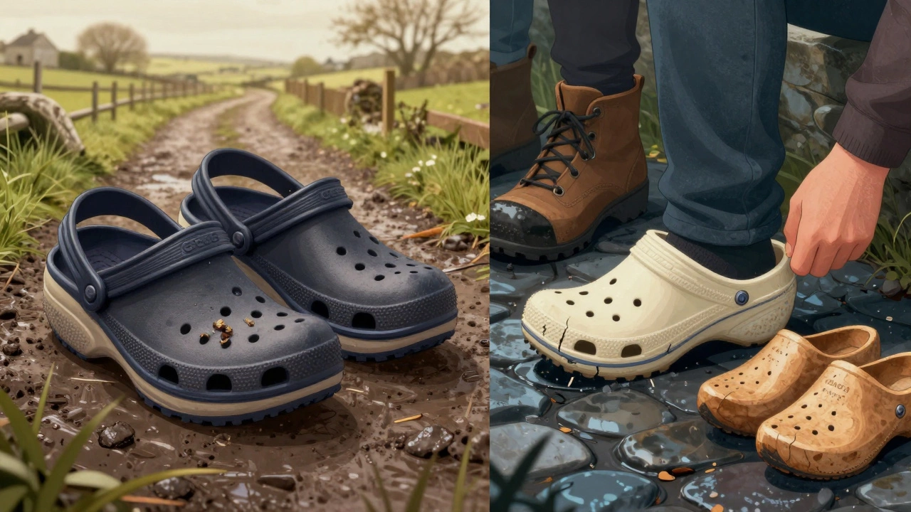 Side-by-side comparison of old and new Crocs on Irish terrain, with local footwear alternatives nearby.
