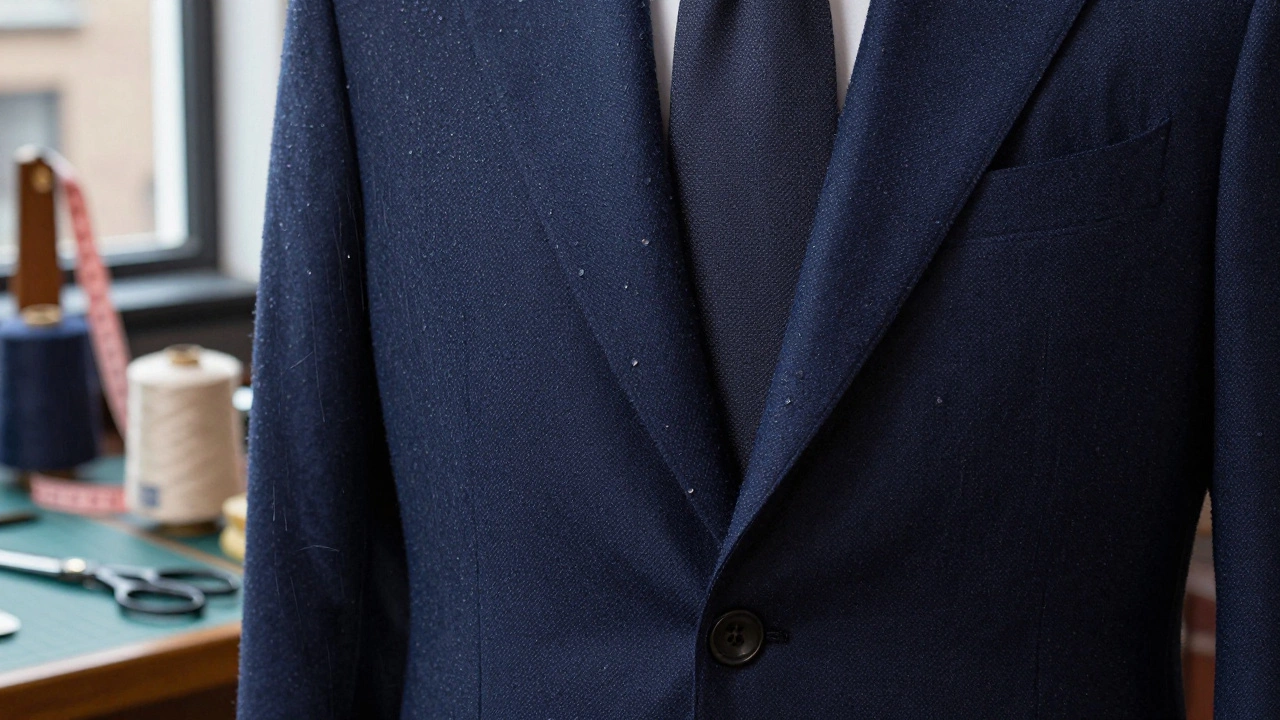 Side-by-side comparison of two wool suit fabrics — one pilled and one water-repelling — under soft workshop lighting.