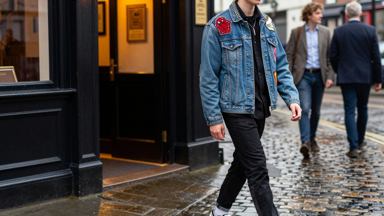 Street scene with person in patched denim jacket outside pub.