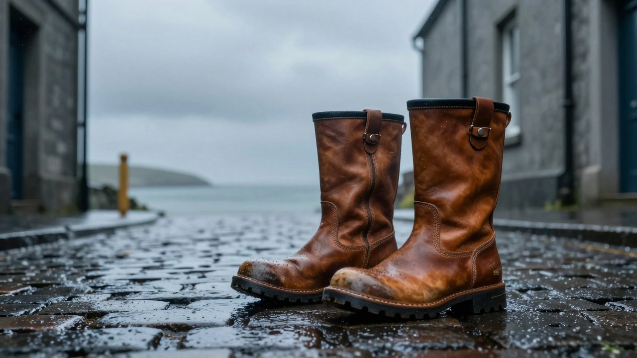 Sturdy boots standing on wet rainy cobblestones
