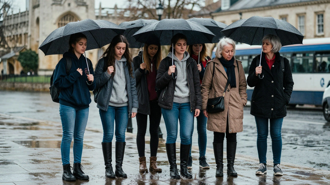 Three Irish women of different ages wearing skinny jeans and tall boots together under an umbrella during rain.
