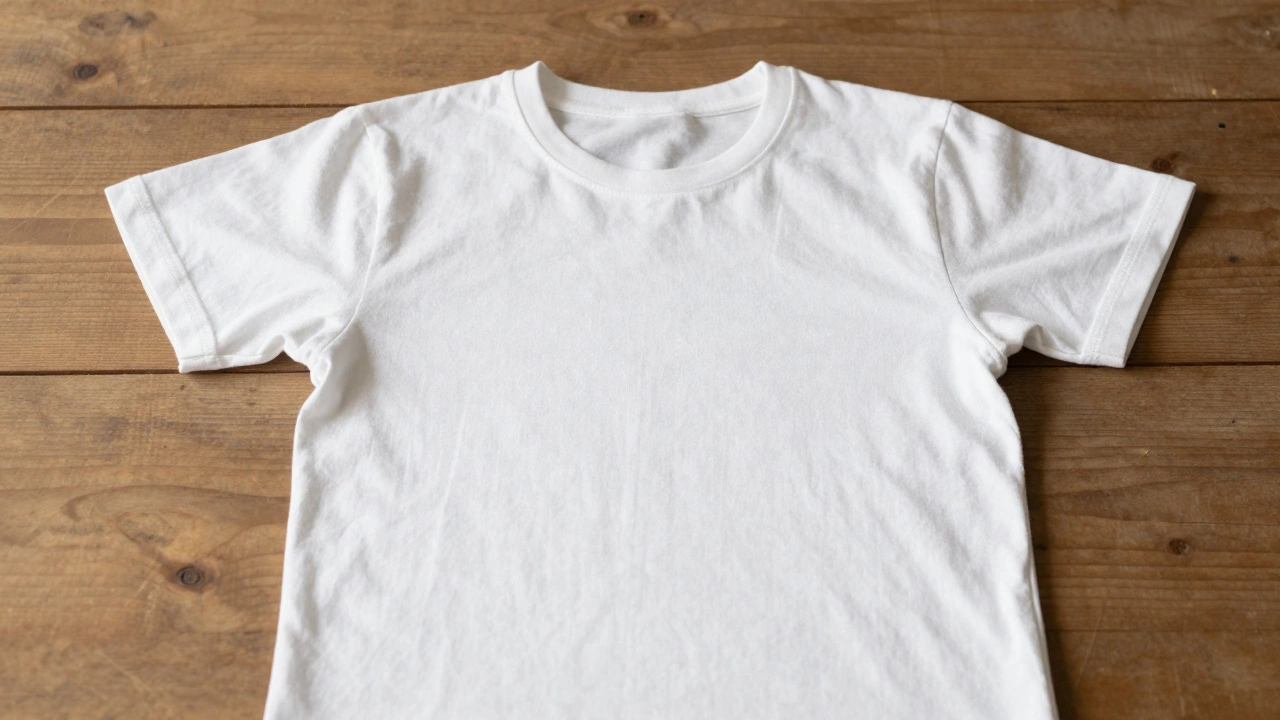 White T-shirt laid flat on wood showing T shape geometry.