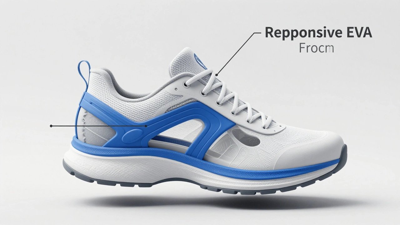 3D anatomical cross-section of a supportive work shoe showing foam and arch support