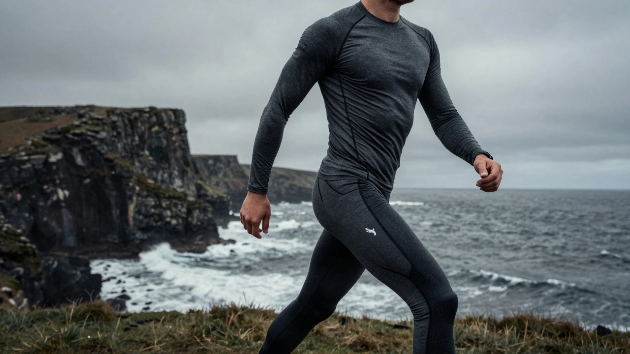 Athlete in technical performance gear training on a rugged coast with cliffs and ocean