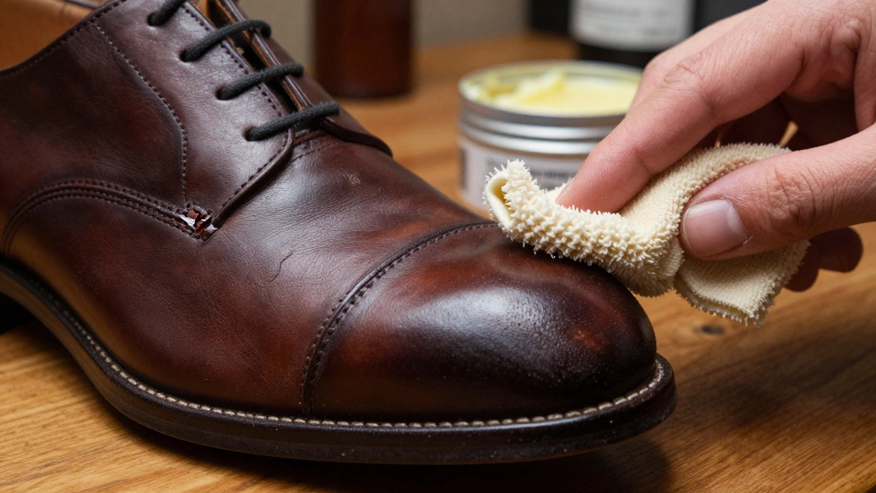 Close-up of a leather shoe showing a crack and salt stain being polished.