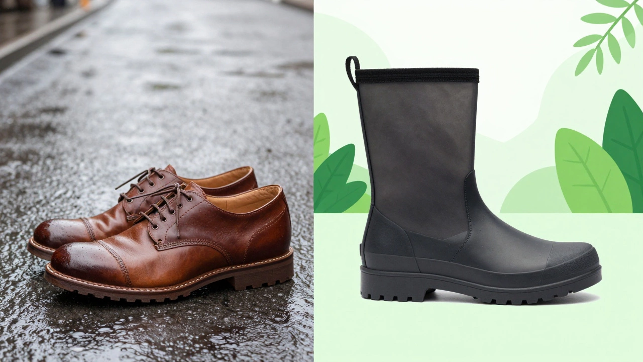 Comparison of a traditional leather shoe and a sustainable waterproof boot.
