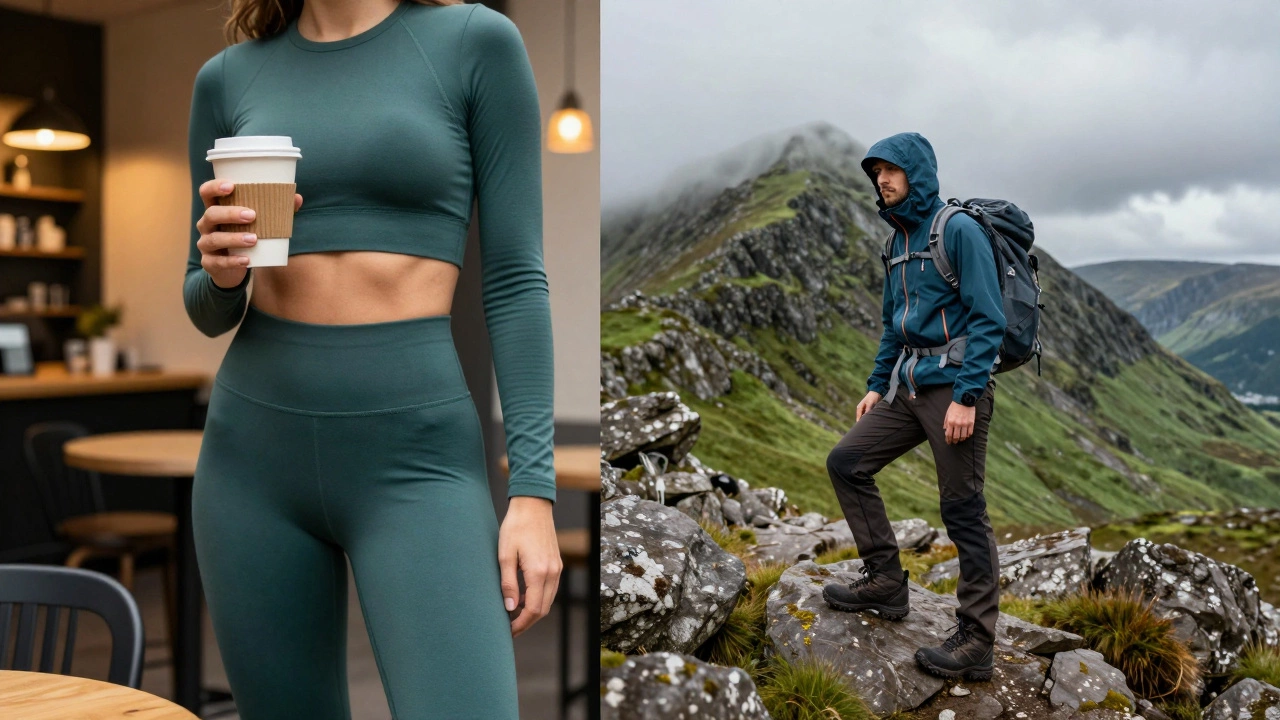 Comparison of casual activewear in a cafe and technical sportswear in the mountains
