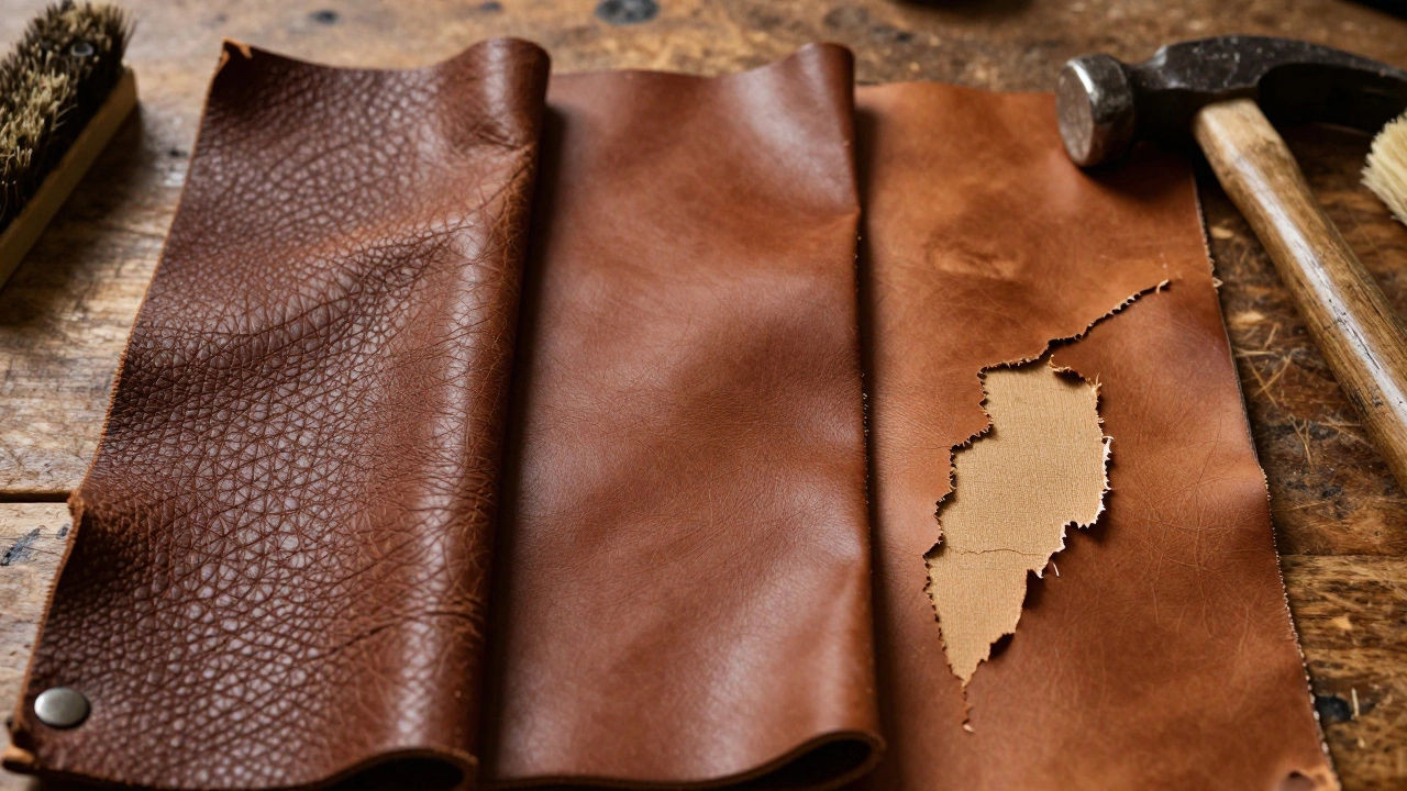 Comparison of full grain, top grain, and low-quality genuine leather textures
