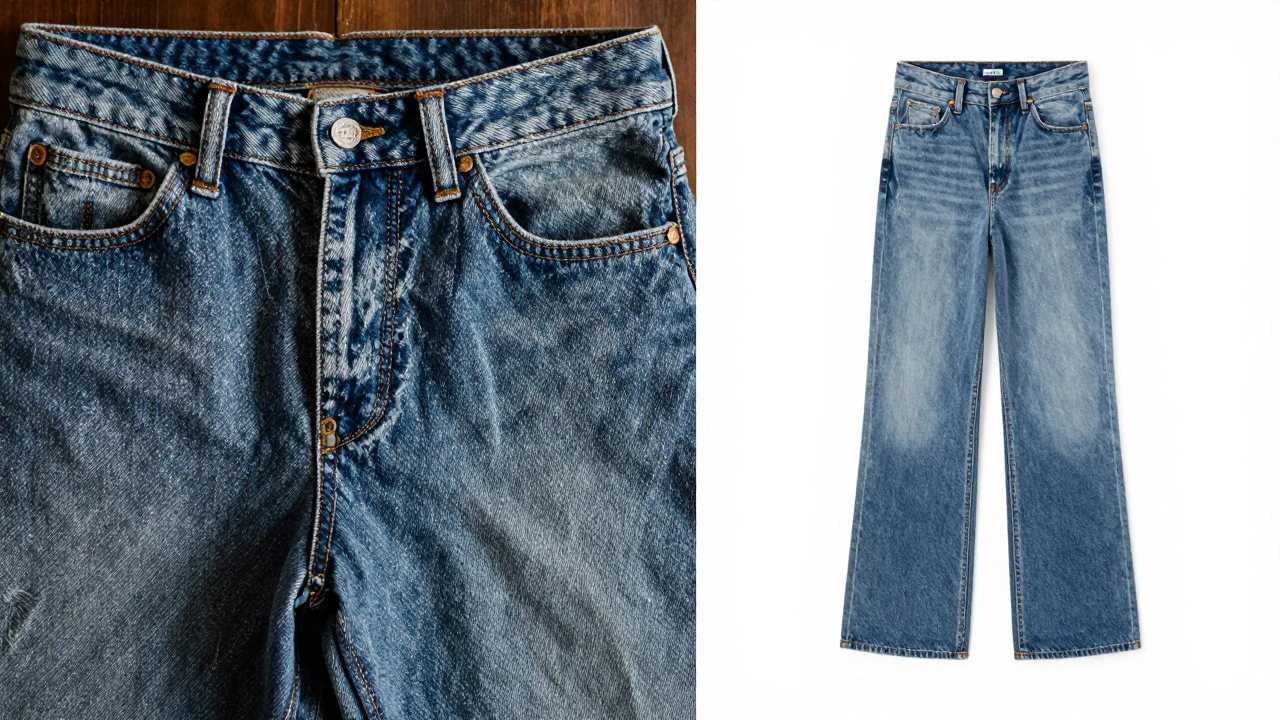 Comparison of rugged, heavy-duty indigo denim and trendy light-wash wide-leg jeans.