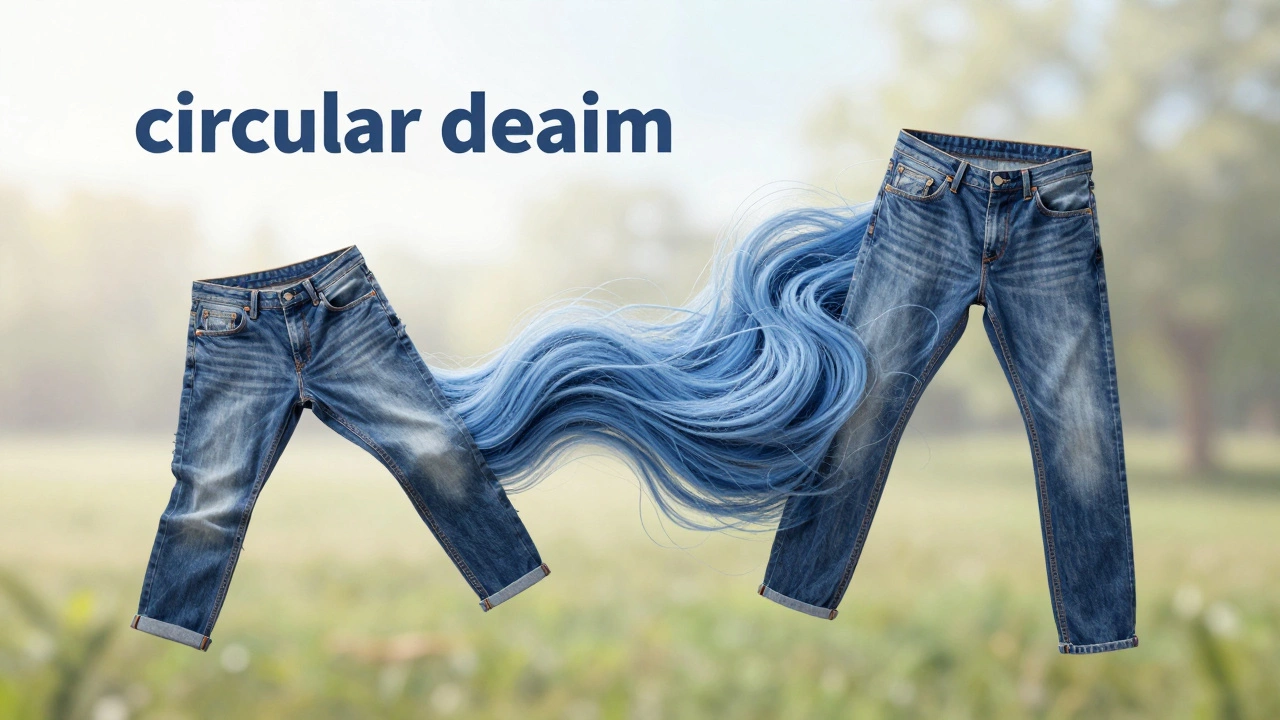 Conceptual art showing old jeans transforming into new fabric to represent circular fashion.