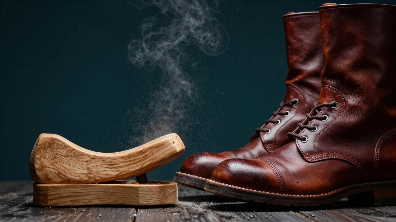 Leather boots with a cedar shoe tree against a humid atmospheric background