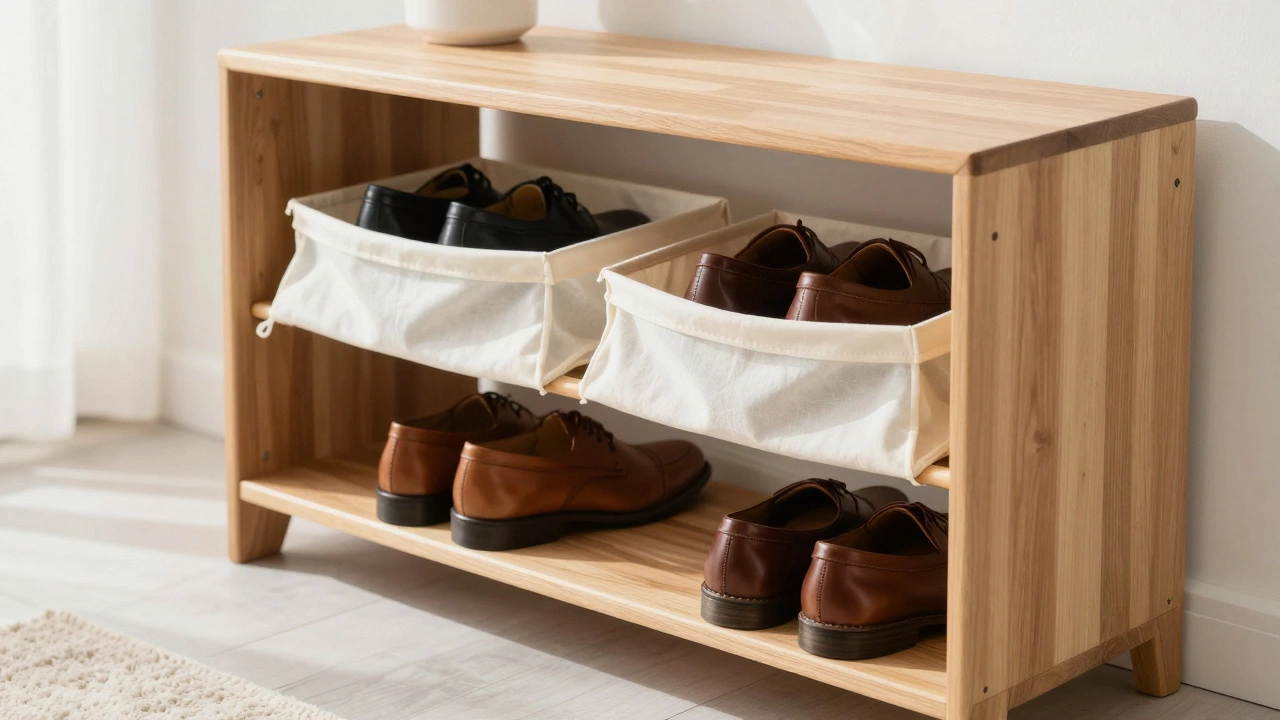 Leather shoes stored on an open wooden rack and in breathable fabric bags