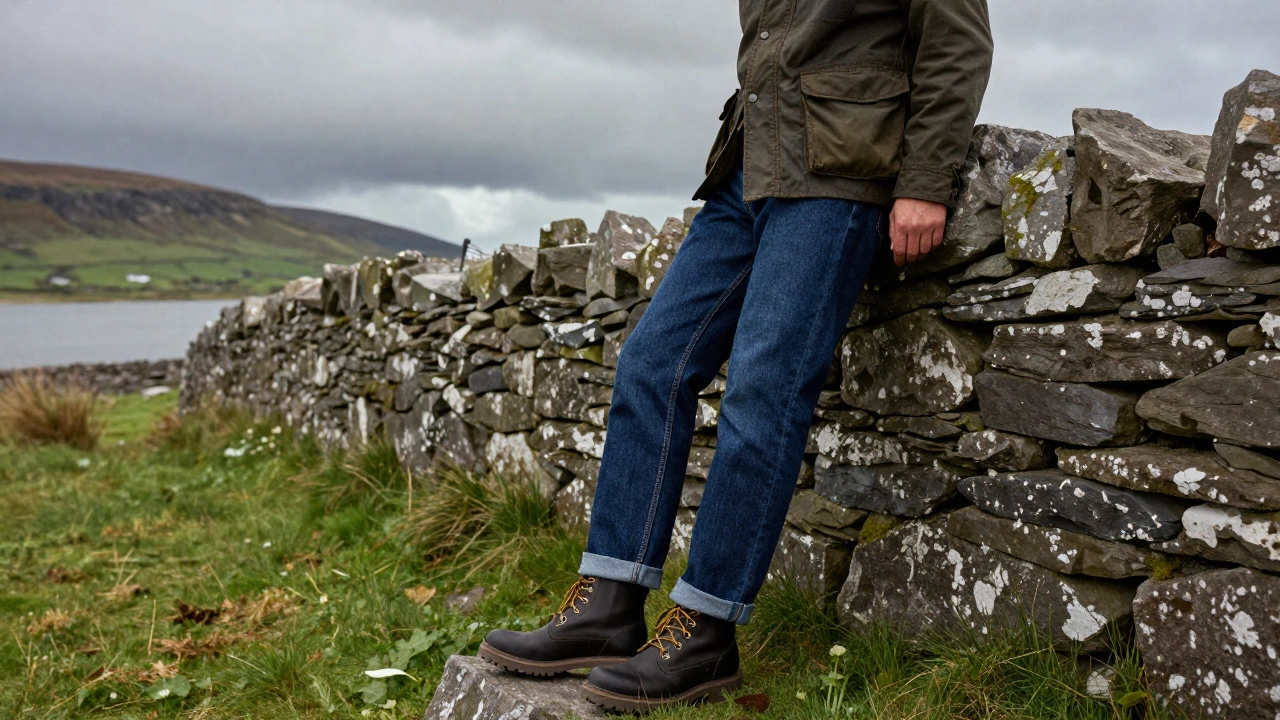Person in selvedge jeans and waxed jacket overlooking the rugged Irish coast