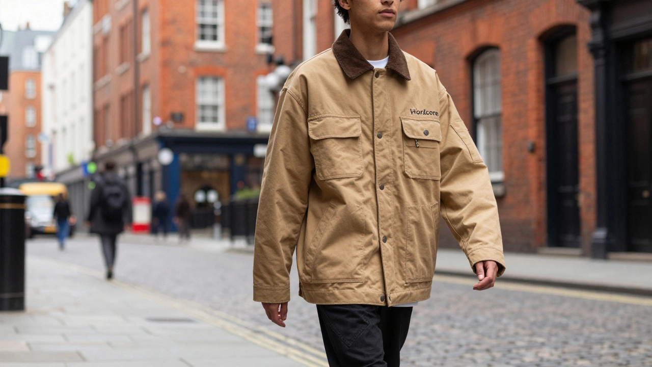Person wearing a stylish oversized tan workwear jacket on a Dublin cobblestone street.