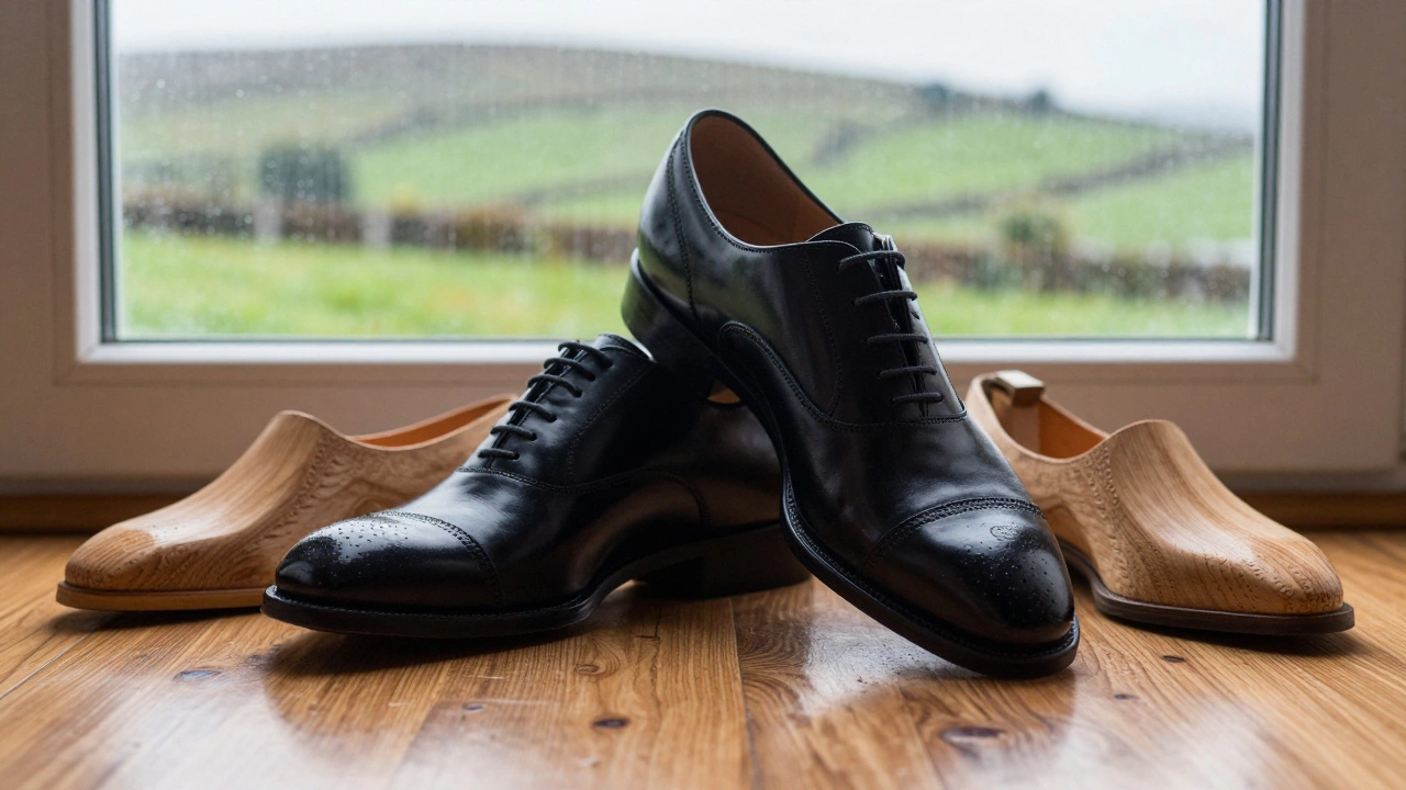 Polished black calfskin Oxford shoes with cedar shoe trees indoors