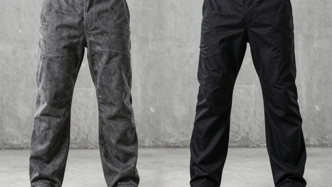 Side-by-side comparison of heavy canvas work pants and flexible poly-cotton trousers.
