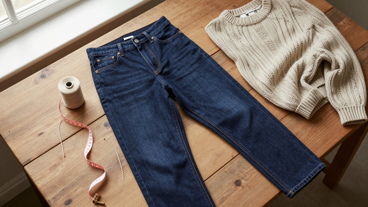 Sustainable straight-leg jeans and an Aran sweater on a rustic wooden table