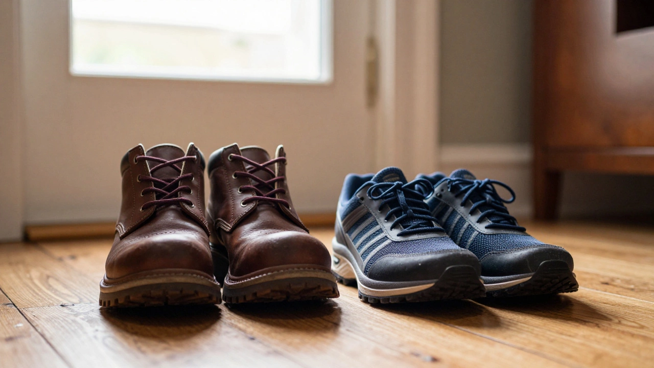 Two different pairs of supportive work shoes side-by-side on a wooden floor