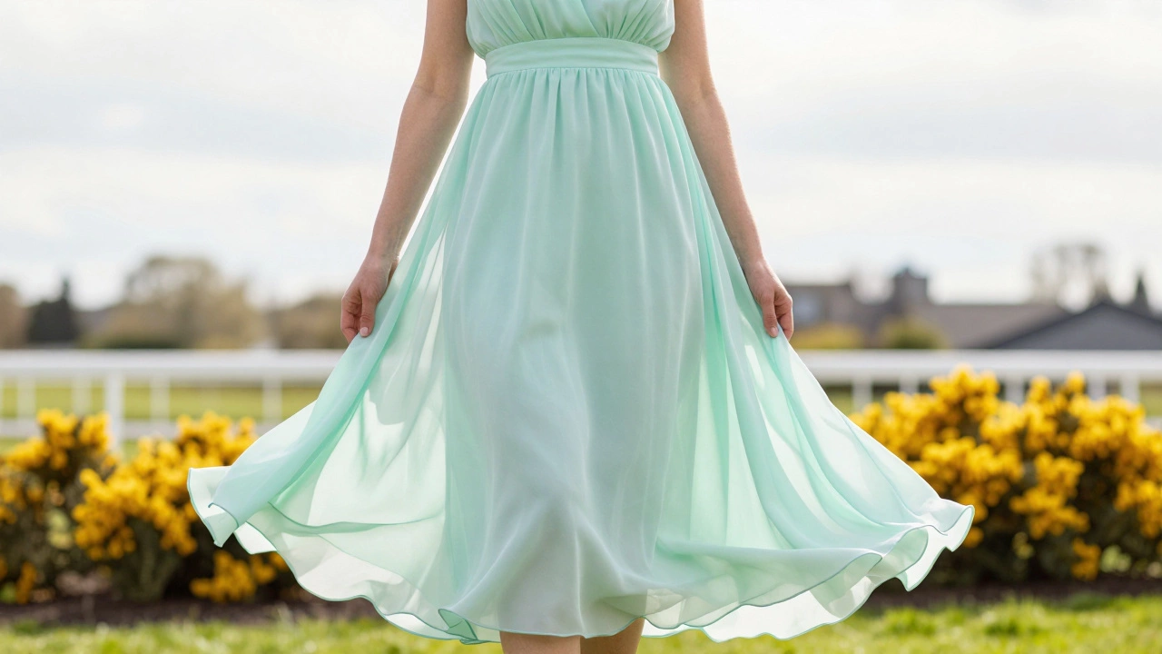 Woman in a mint green chiffon midi-dress at a sunny outdoor event in Galway