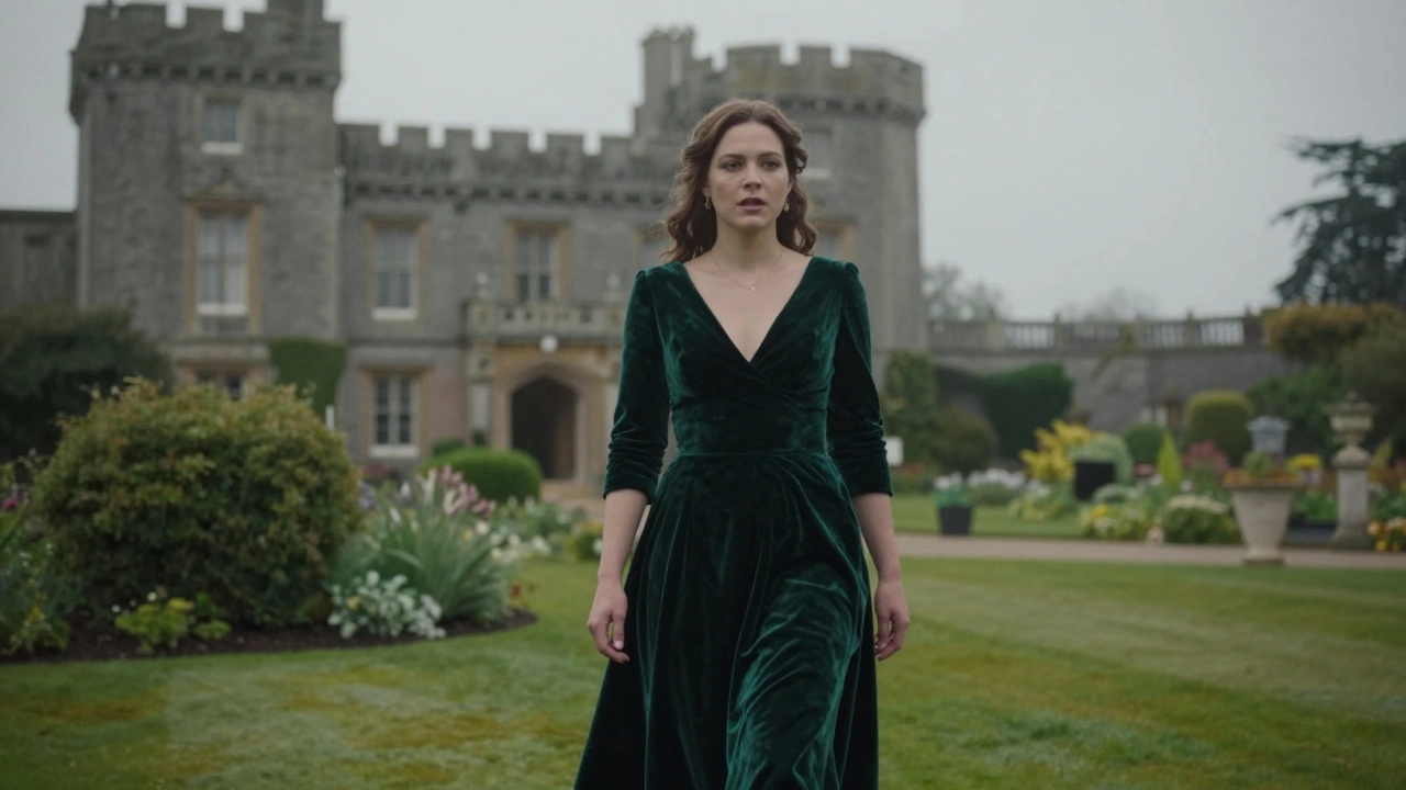 Woman wearing an emerald green velvet gown in a misty Irish manor garden