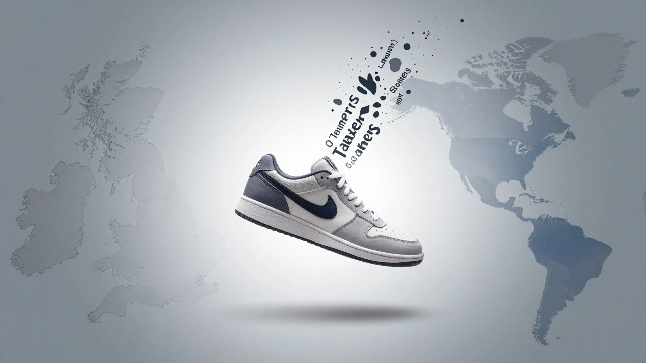 Abstract concept art of a sneaker bridging UK/Ireland and US maps.