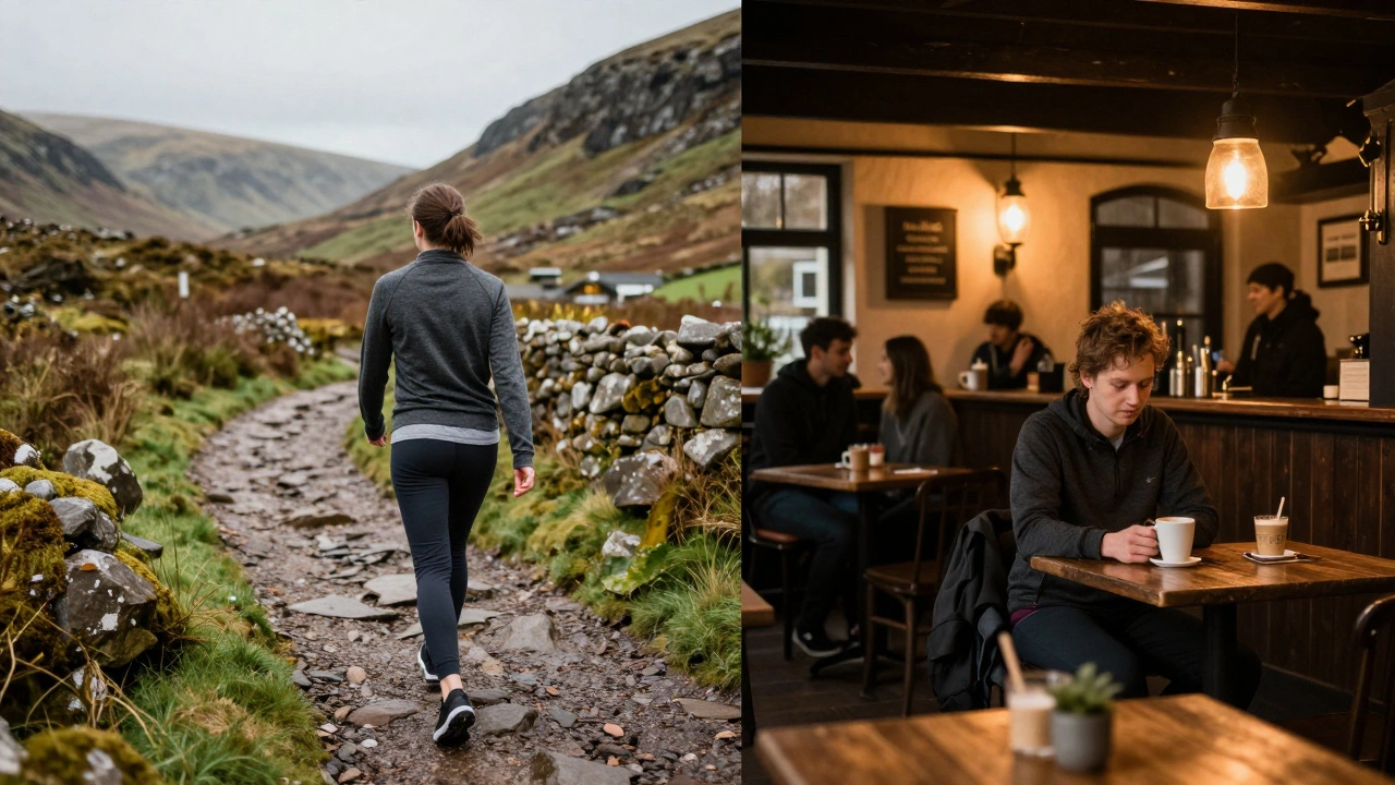 Athleisure outfit worn transitioning from Irish mountain trail to cozy village pub