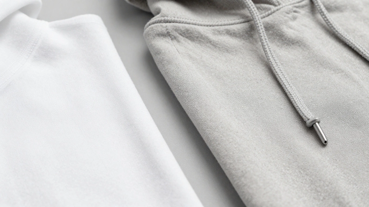 Close-up comparison of cheap thin fabric vs heavyweight quality hoodie material