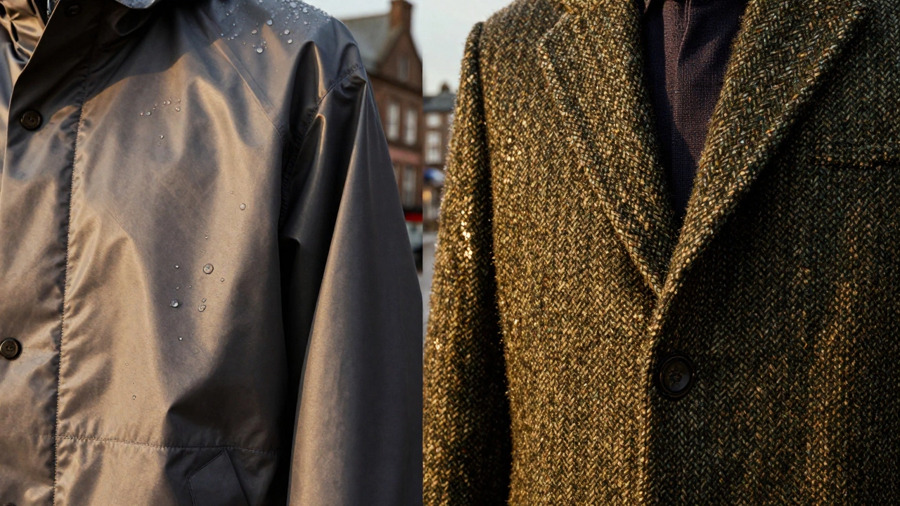 Close up comparison of shiny synthetic rain fabric and textured wool tweed.