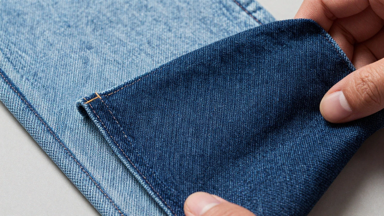 Close-up of denim fabric showing stretch and texture