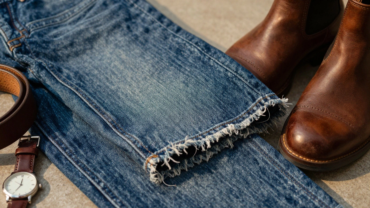 Close-up of denim jeans, leather boots, and watch details