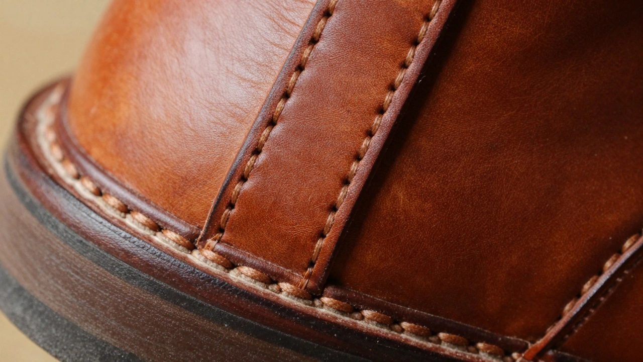 Close-up of Goodyear welted shoe sole stitching