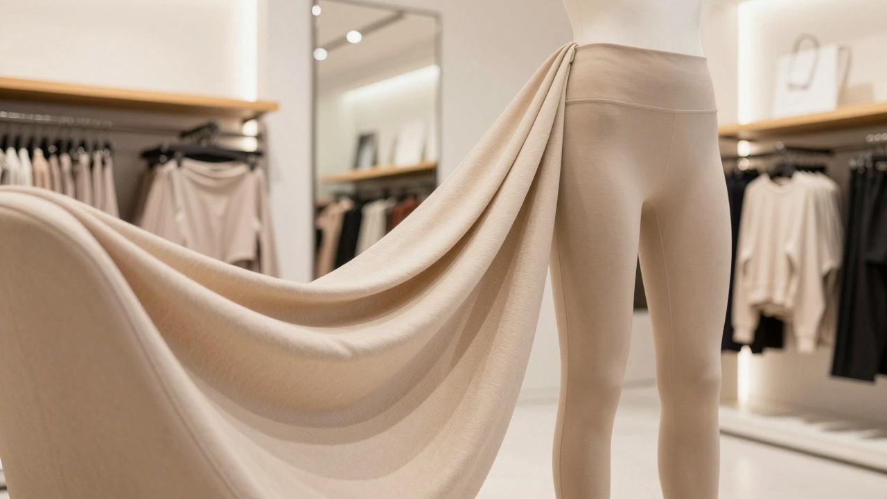 Close-up of soft Lululemon fabric in a minimalist, well-lit retail store interior