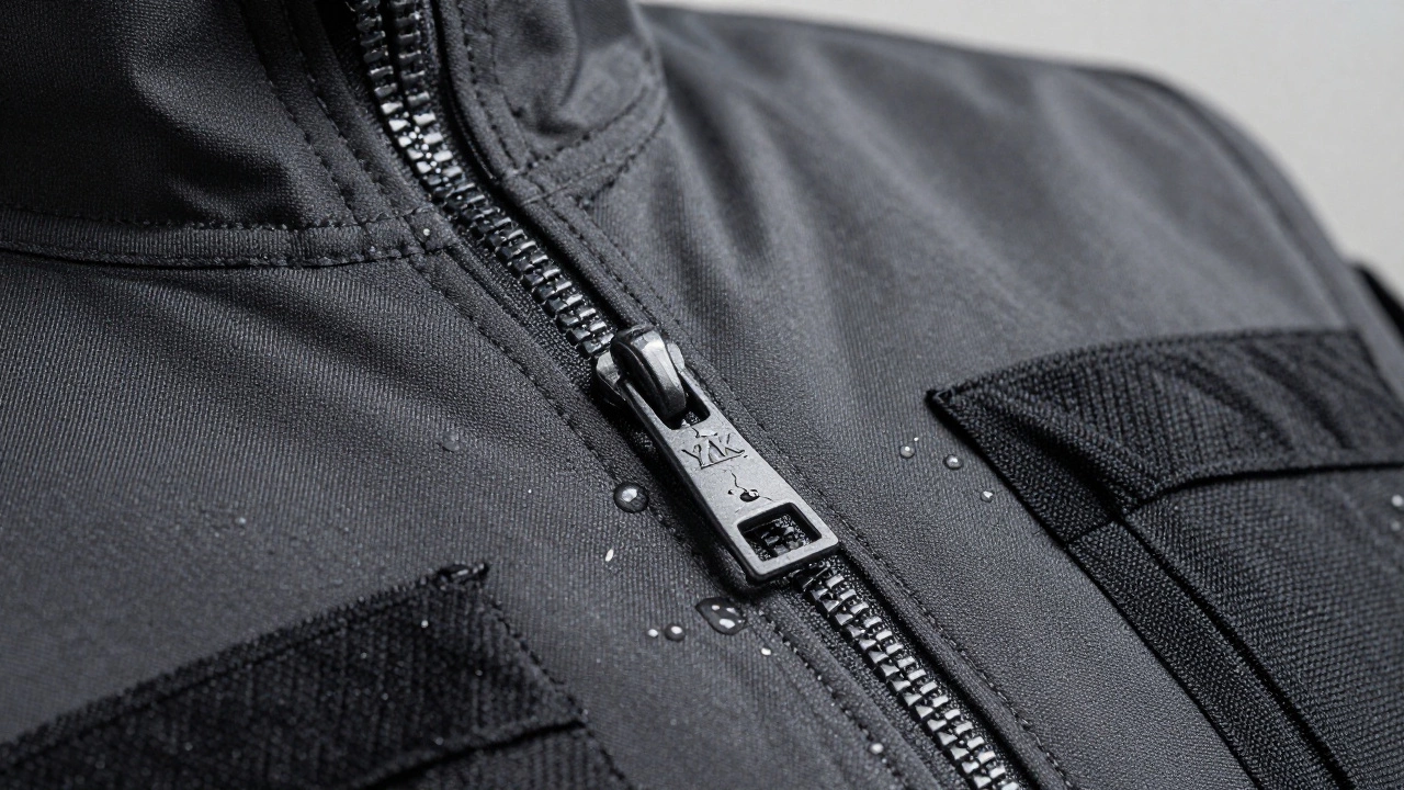 Close-up of waterproof tactical jacket details