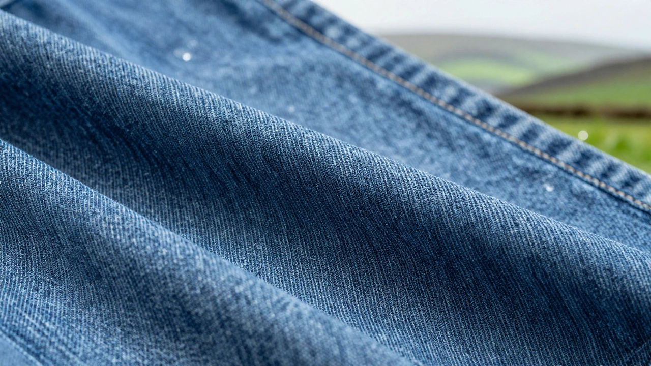 Close-up texture of stretchy denim fabric showing high-quality weave
