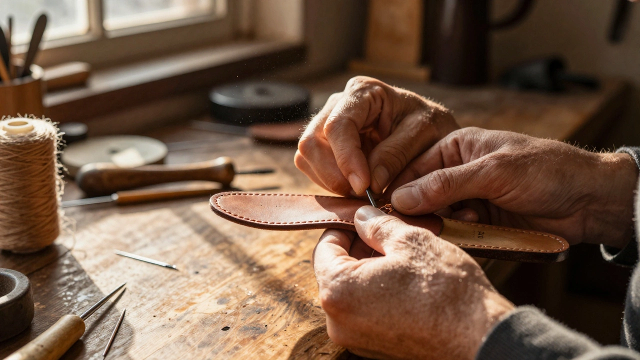 Cobbler's hands stitching a new sole onto a leather shoe
