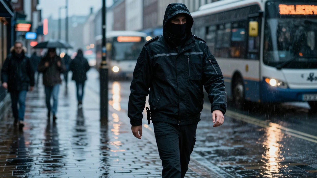 Commuter in SWAT jacket in rainy Dublin