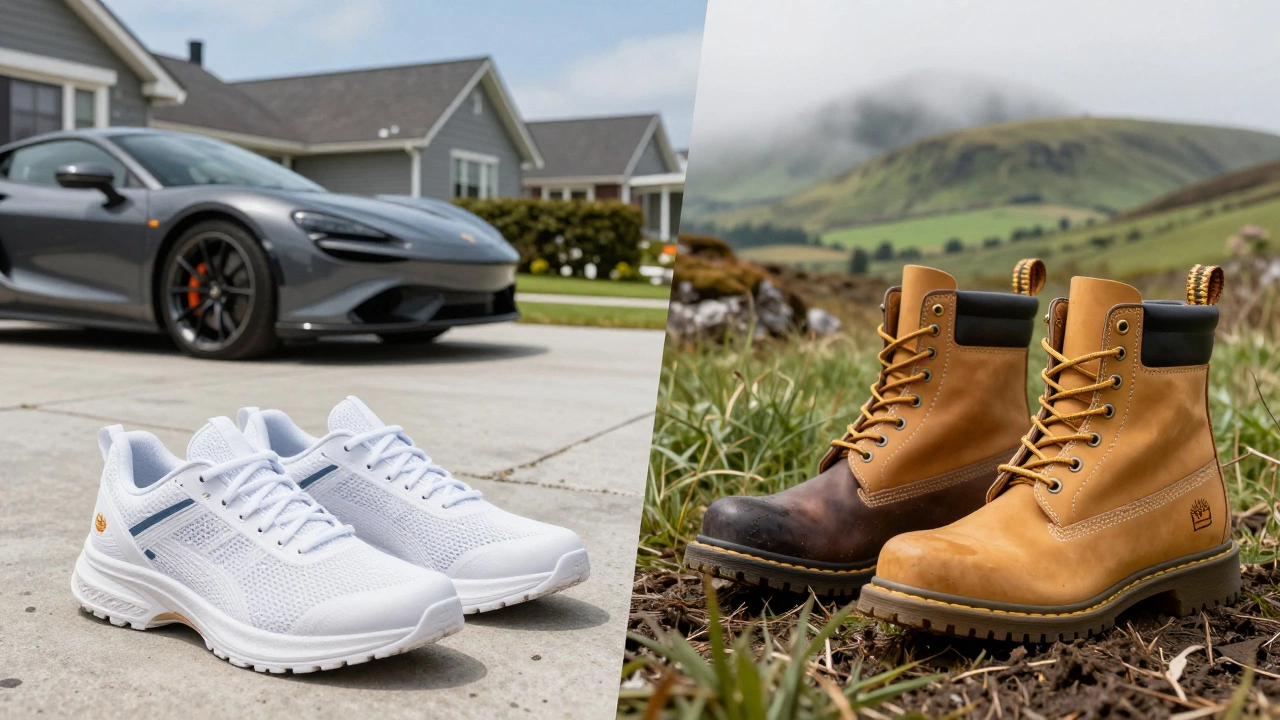 Comparison of US sneakers and Irish boots in different settings