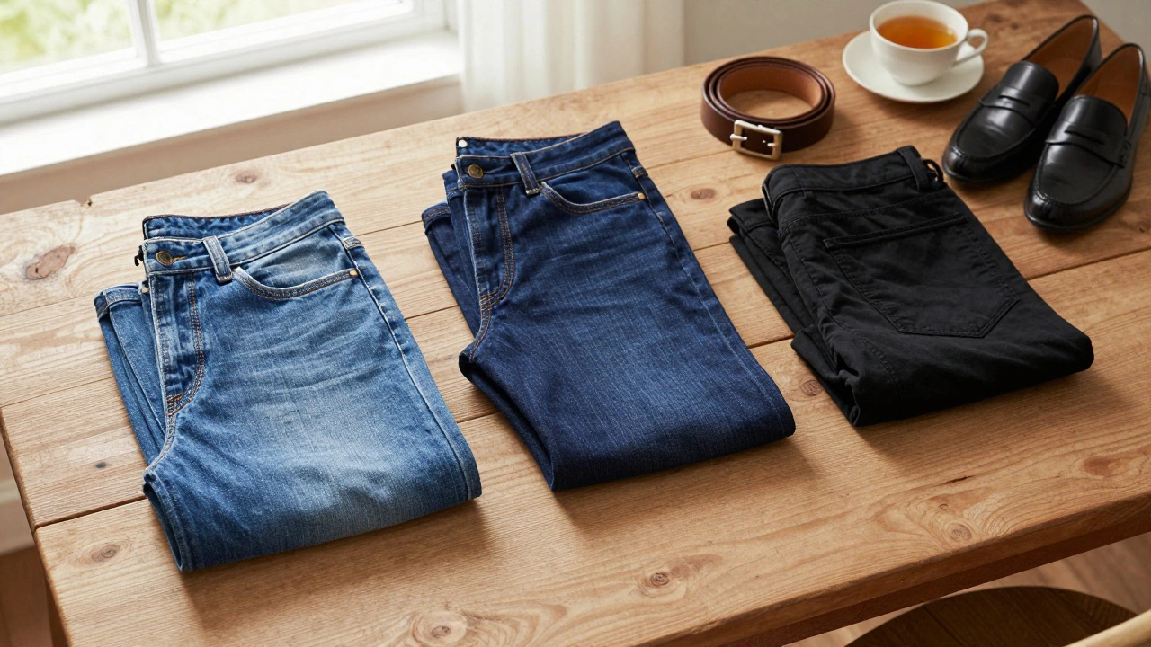 Folded timeless jeans in blue, indigo, and black on a rustic table
