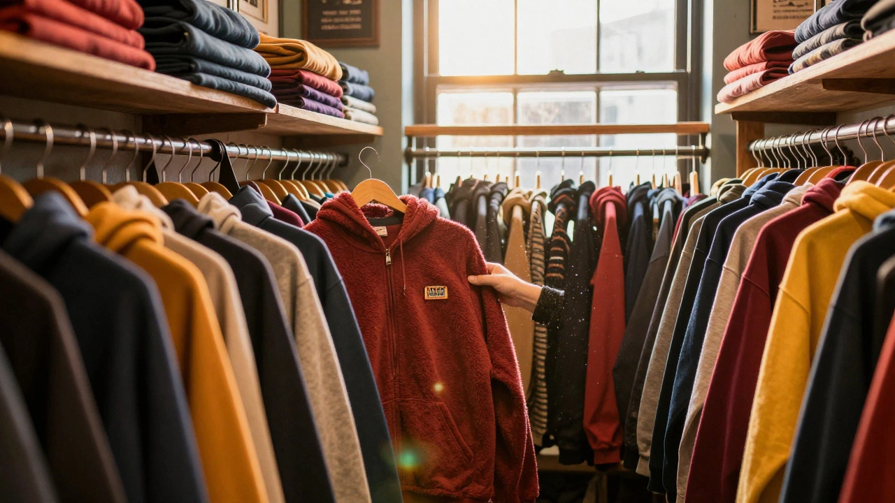 Hand browsing second-hand hoodies in a warm, sunny vintage charity shop