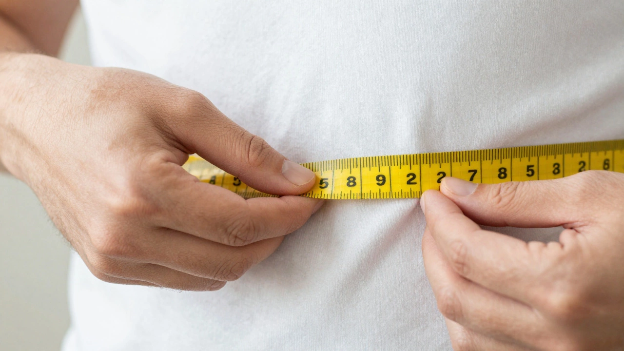 Hands measuring chest circumference with a yellow tape measure